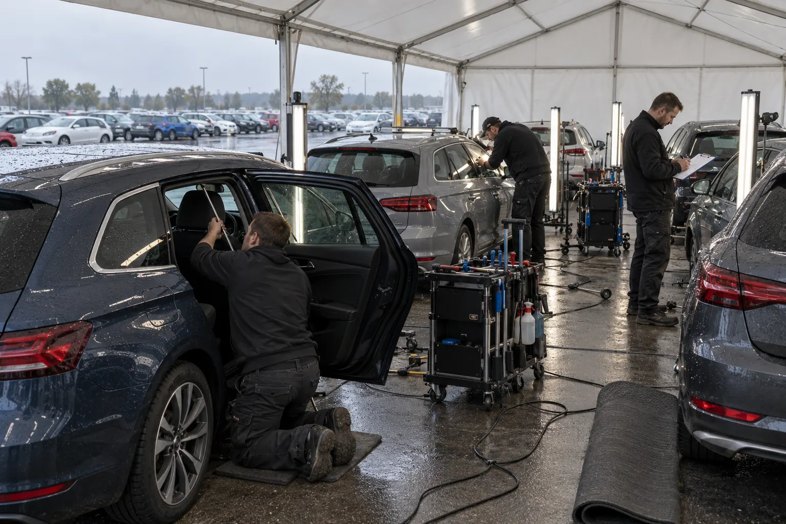 Inside a temporary repair tent on a dealership lot: technicians work on hail-damaged cars beside tall LED lamps while more cars wait outside on wet asphalt.