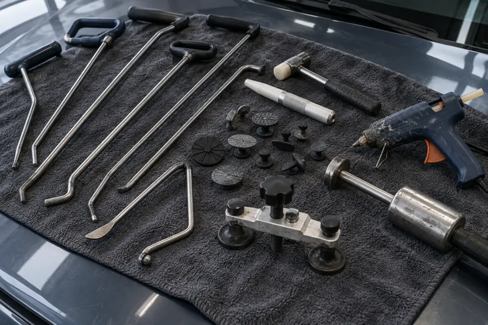 Dent repair tools laid out on a grey cloth on a car bonnet: long steel rods with bent tips, a nylon knockdown and hammer, glue-pull tabs, a glue gun, a mini lifter and a slide hammer.